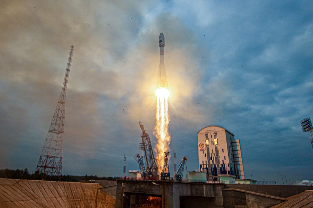 A photograph released by the Russian Space Agency, Roscosmos, displays a Soyuz rocket transporting the Luna-25, launched from Russia's eastern Vostochny cosmodrome on August 11.